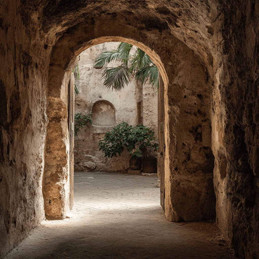 Warm arched courtyard framed by textured masonry and open-air architecture
