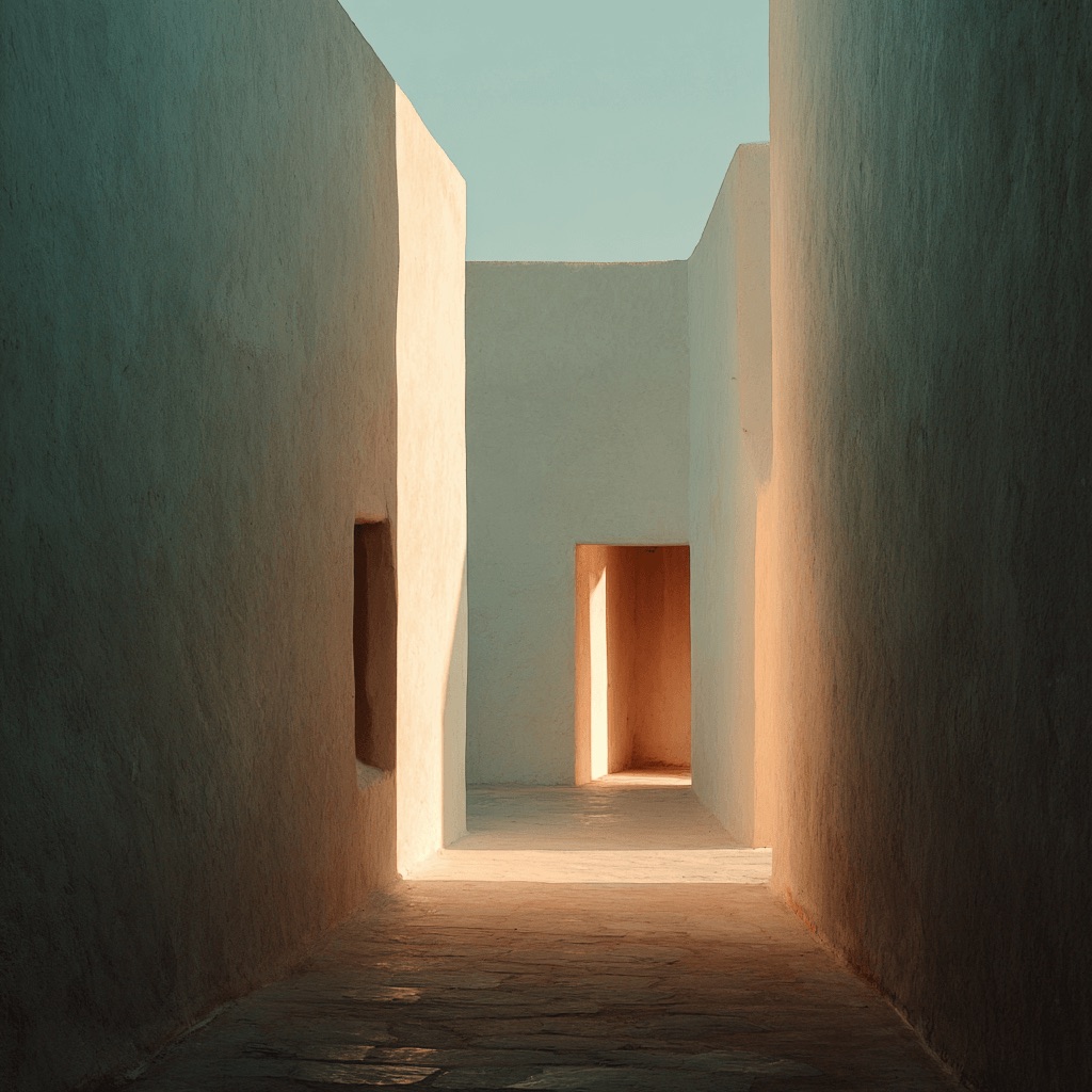 Warm narrow architectural passage shaped by masonry, shade, and framed daylight