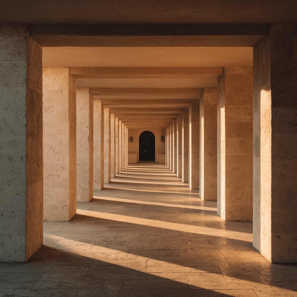 Stone colonnade creating a shaded architectural passage beside a sunlit courtyard