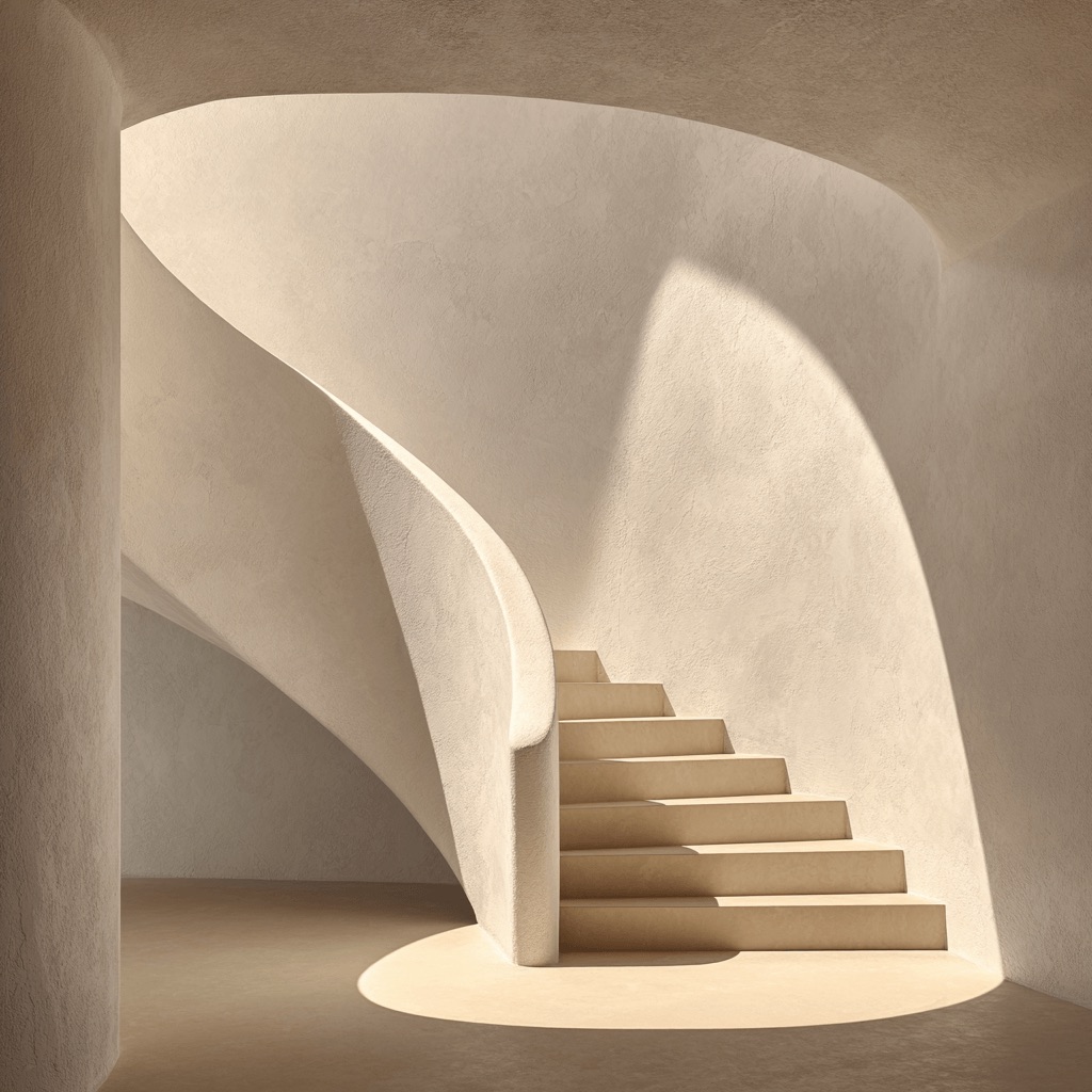 Sunlit interior stairwell with sculptural steps and warm architectural surfaces